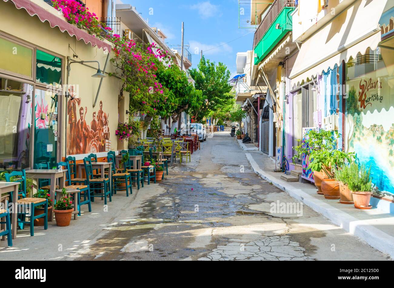 Scenic alley in the traditional seaside village of Paleochora- the lovely summer resort located 80 km south west of Chania city. Stock Photo