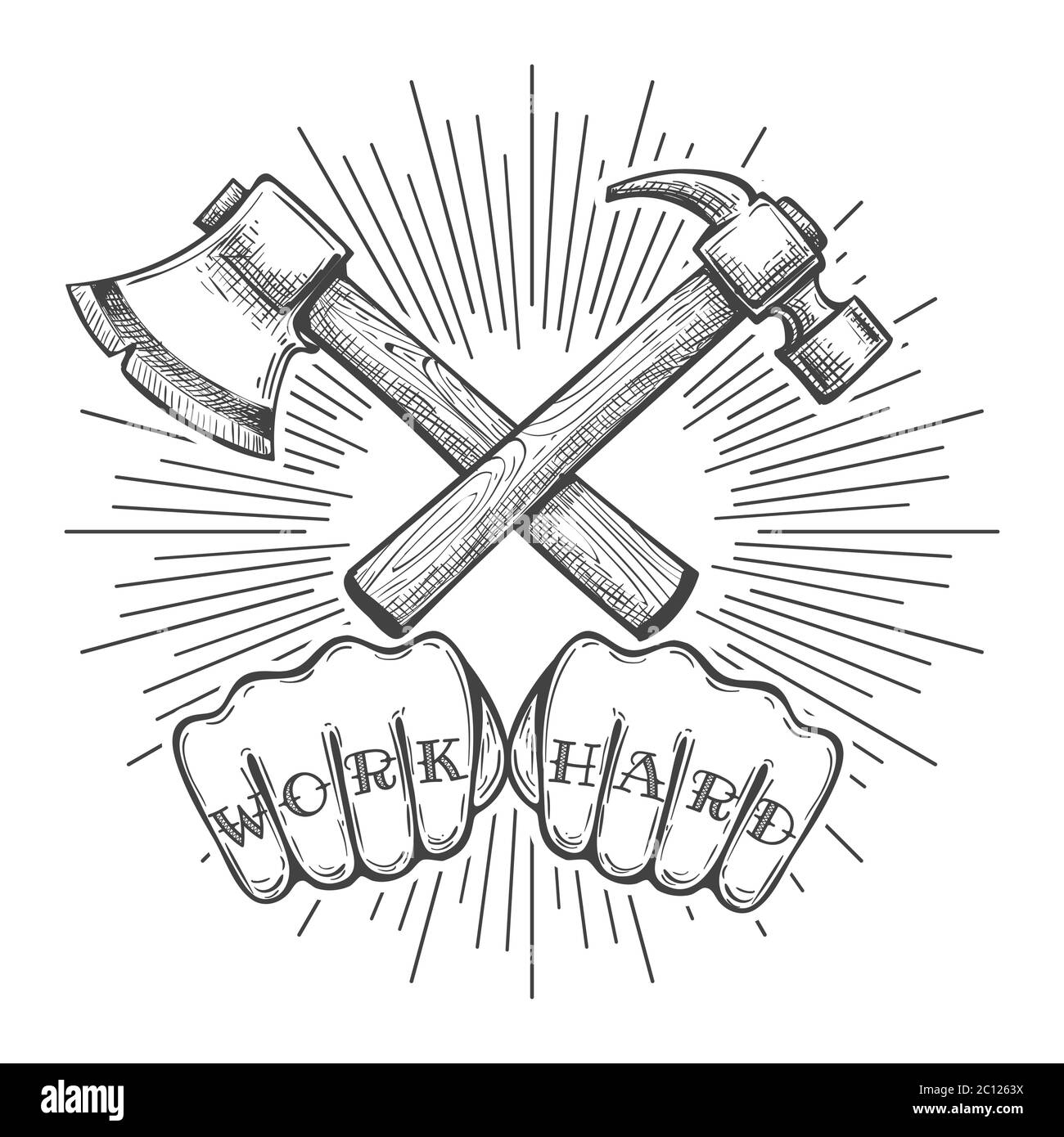 Human Fists with letters Work Hard under crossed axe and hammer. Tattoo in engraving style. Vector illustration. Stock Vector
