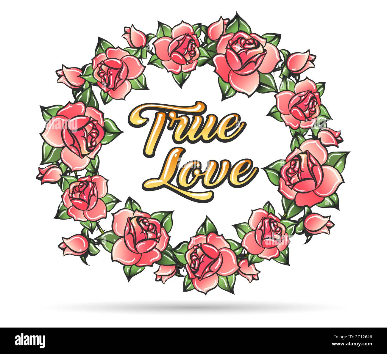 Rose Wreath with lettering True Love Tattoo. Vector illustration. Stock Vector