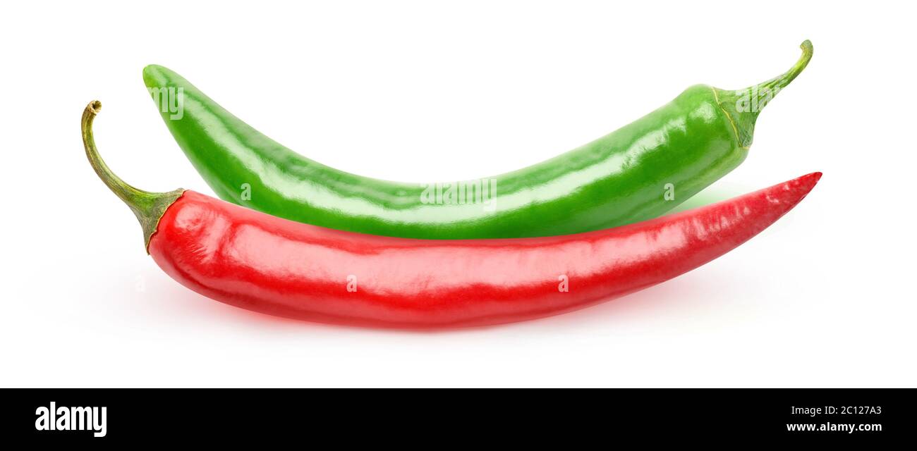 Two hot chili peppers (red and green) isolated on white background Stock Photo
