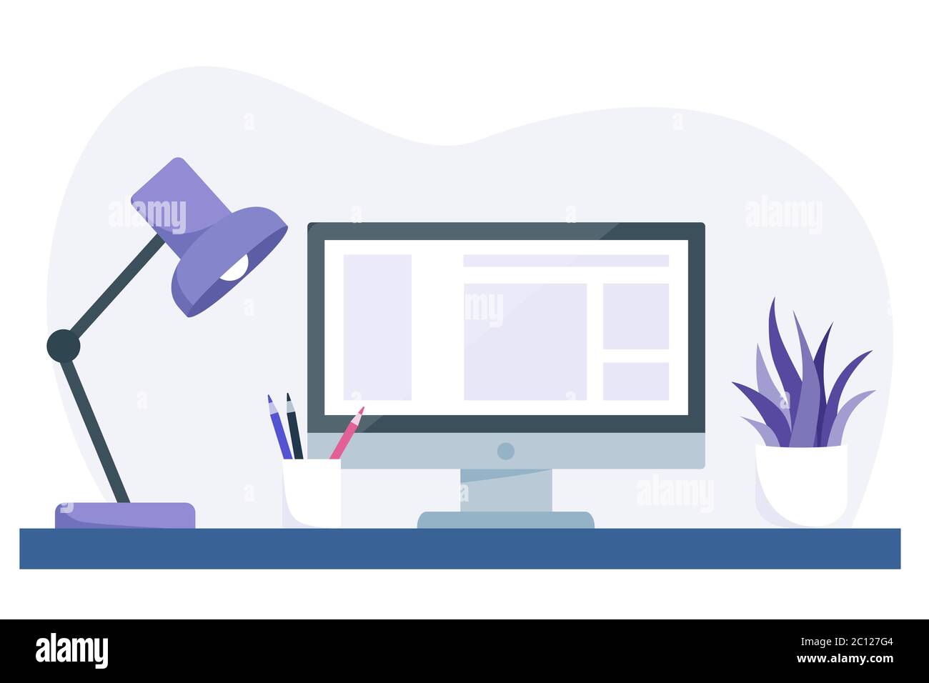 Modern workspace concept, computer on desk with light lamp, pen and pencil, succulent indoor plant. Freelance work at home.   Vector illustration Stock Vector