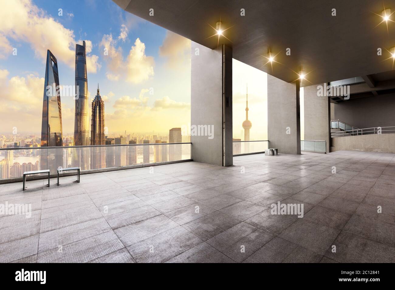 cityscape and skyline of shanghai from empty brick floor Stock Photo