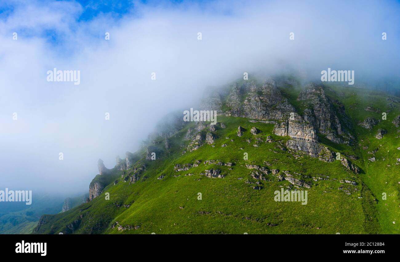 Spring landscape of mountains and meadows near the Portillo de Lunada in the Valle del Miera, Cantabria, Spain, Europe Stock Photo