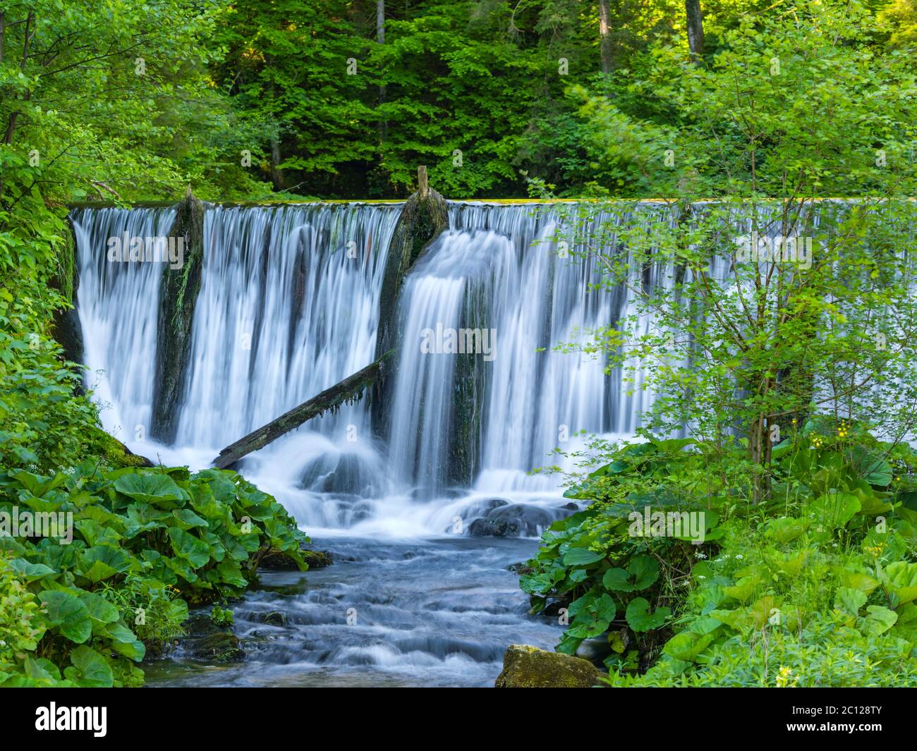 Lake with waterfall and derelict old sawmill and watermill Cogrljevo jezero Croatia Europe Stock Photo