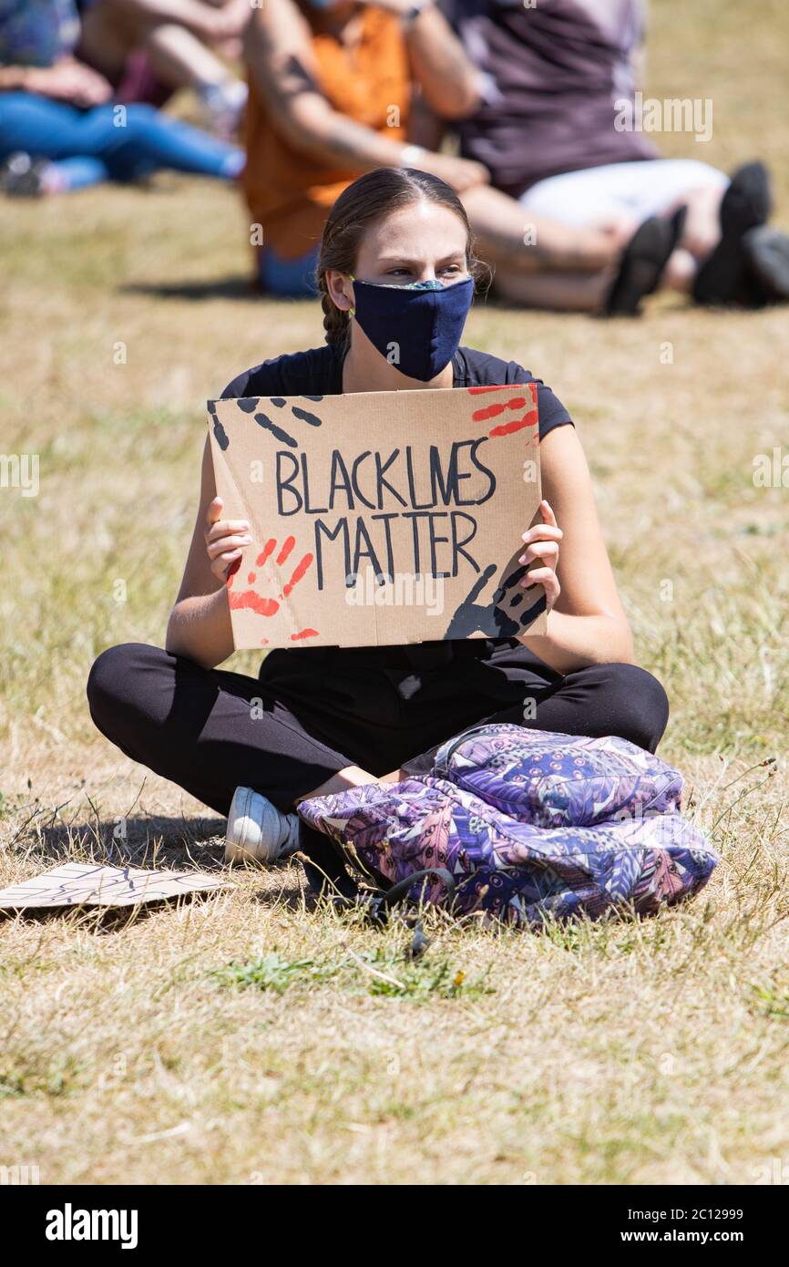 Eastbourne, East Sussex, UK – Saturday 13th June 2020 – Protesters gather in Princes Park  as part of the Black Lives Matter ( BLM )campaign. Stock Photo