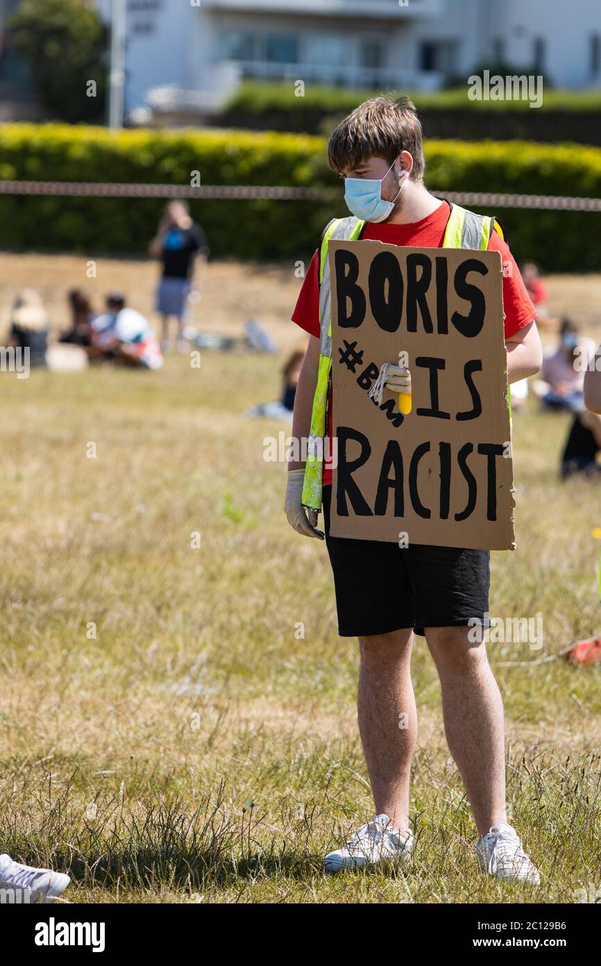 Eastbourne, East Sussex, UK – Saturday 13th June 2020 – Protesters gather in Princes Park  as part of the Black Lives Matter ( BLM )campaign. Stock Photo