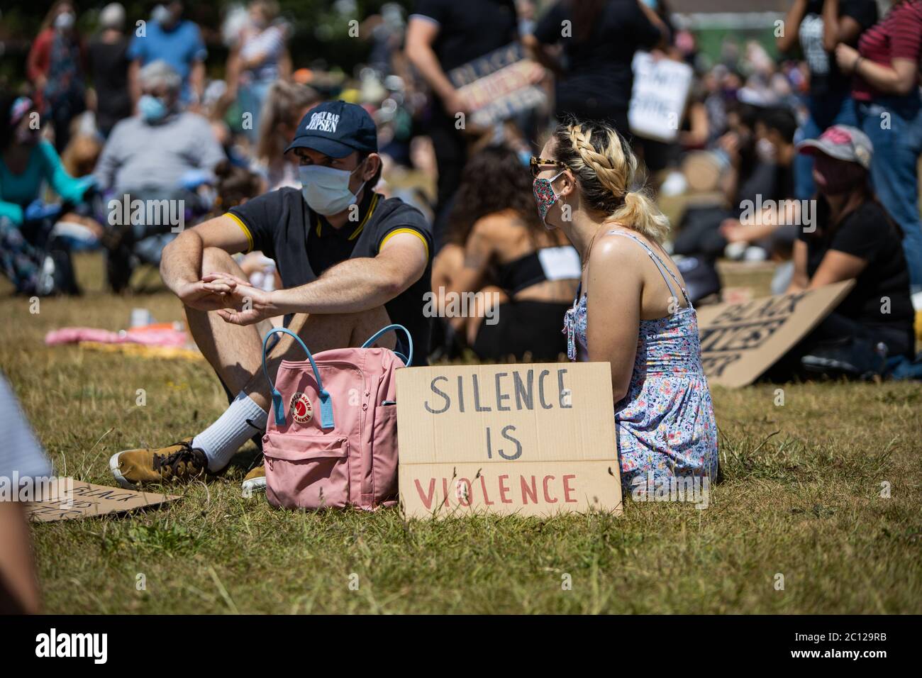 Eastbourne, East Sussex, UK – Saturday 13th June 2020 – Protesters gather in Princes Park  as part of the Black Lives Matter ( BLM )campaign. Stock Photo