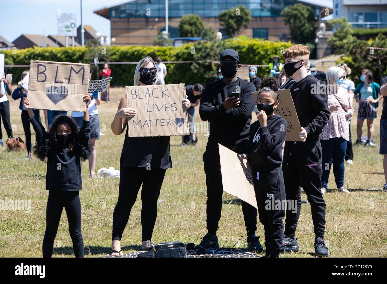 Eastbourne, East Sussex, UK – Saturday 13th June 2020 – Protesters gather in Princes Park  as part of the Black Lives Matter ( BLM )campaign. Stock Photo