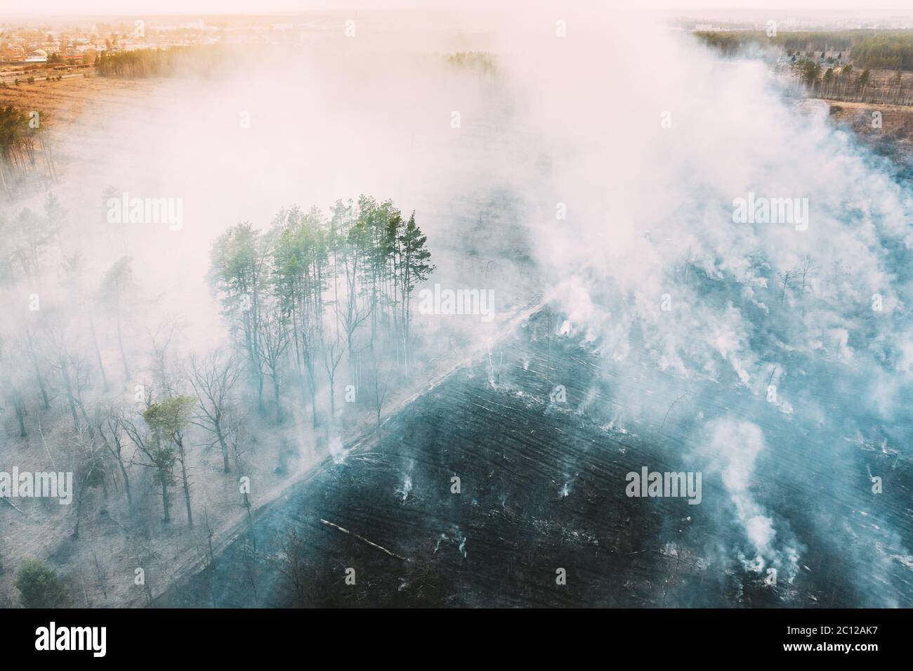 Drought Fire Aerial View. Spring Dry Grass Burns During Drought Hot Weather. Bush ...