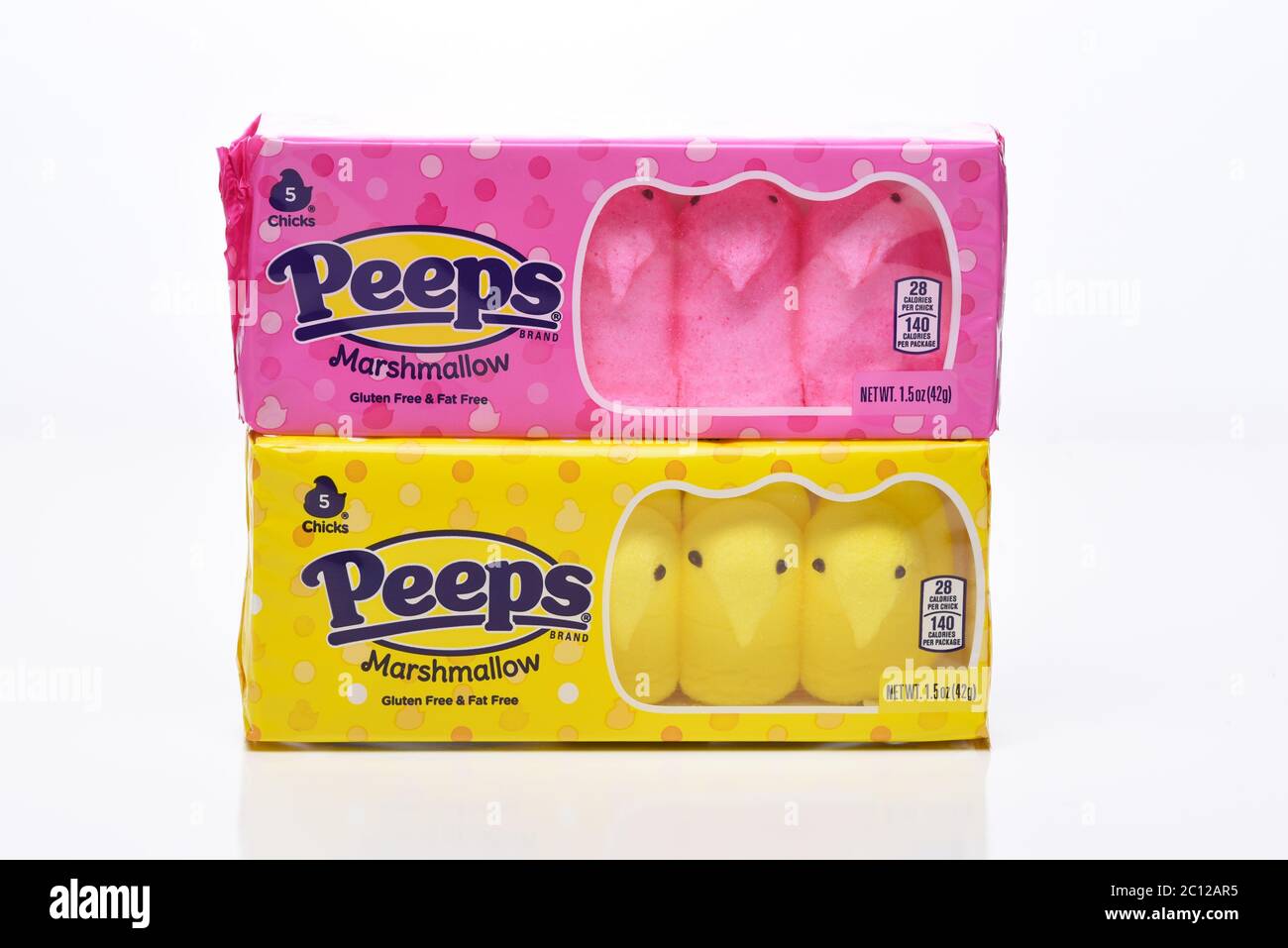 IRVINE, CALIFORNIA - 20 APRIL 2020: Two Packages of Peeps Marshmallow Chicks for Easter, Yellow and Pink Varieties. Stock Photo