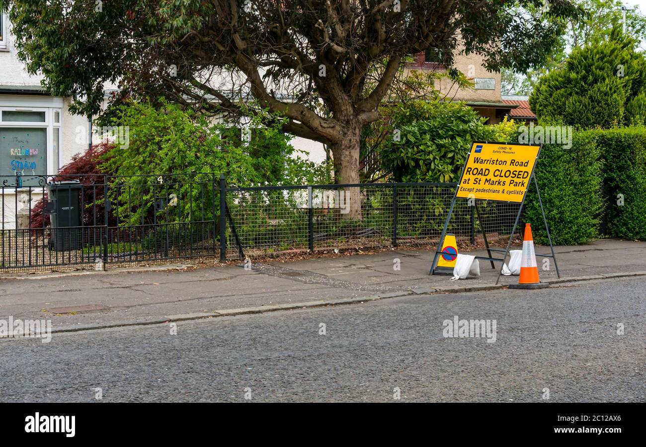Covid-19 pandemic road closure sign, Ferry Road, Edinburgh, Scotland, UK Stock Photo