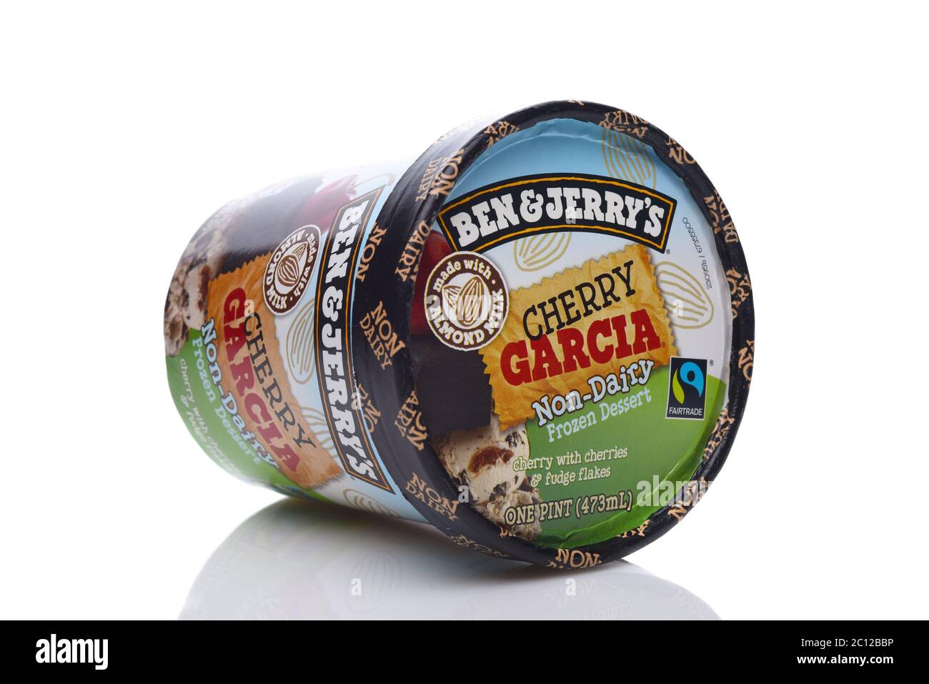 IRVINE, CALIFORNIA - 26 APRIL 2020:  A Carton of Ben and Jerrys Cherry Garcia Non-Dairy Frozen Dessert, on its side. Stock Photo