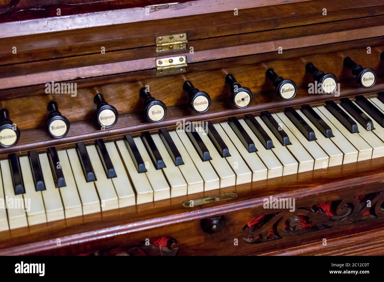 Close-up of antique reed organ harmonium Stock Photo