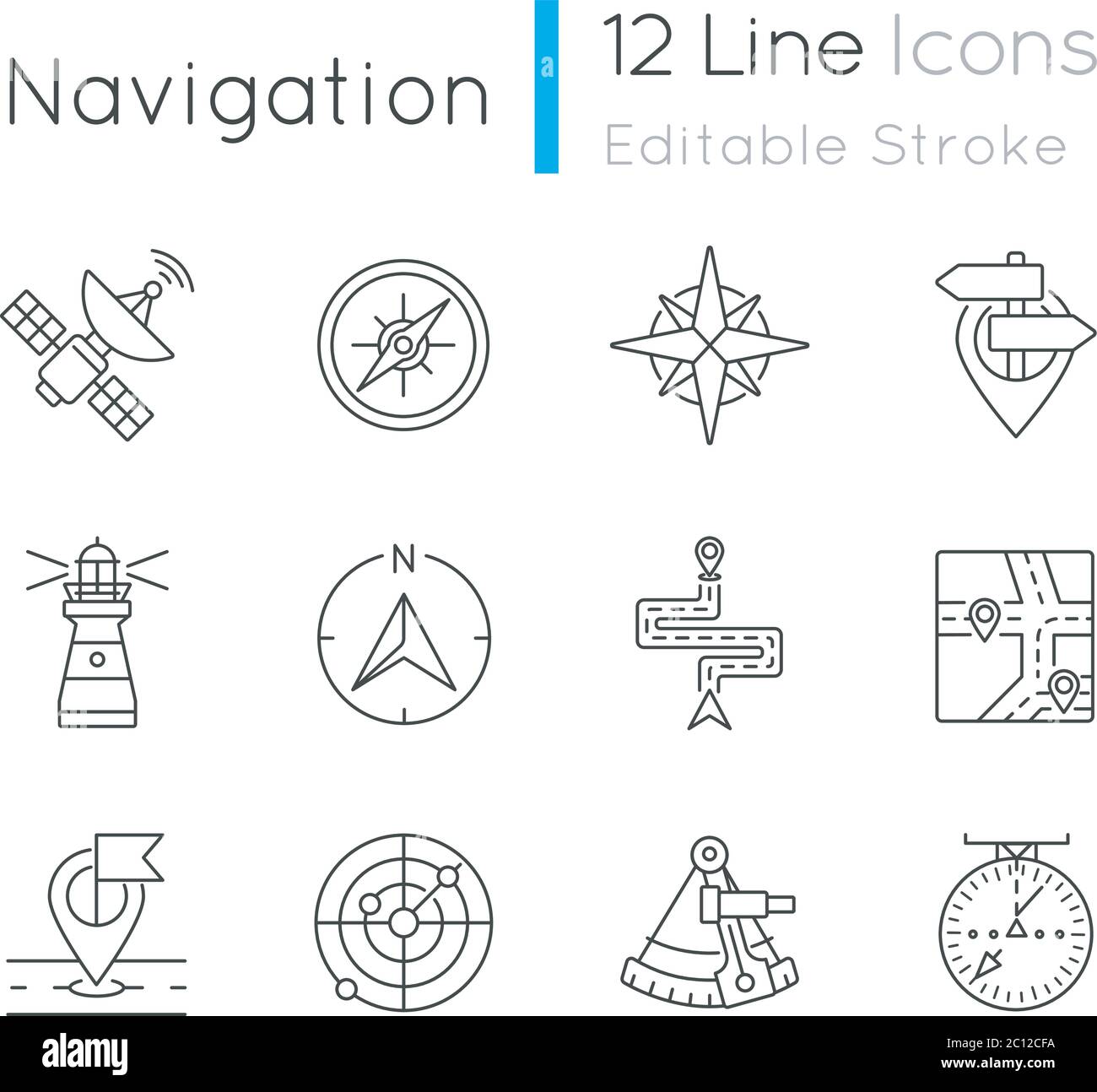 Navigation pixel perfect linear icons set Stock Vector