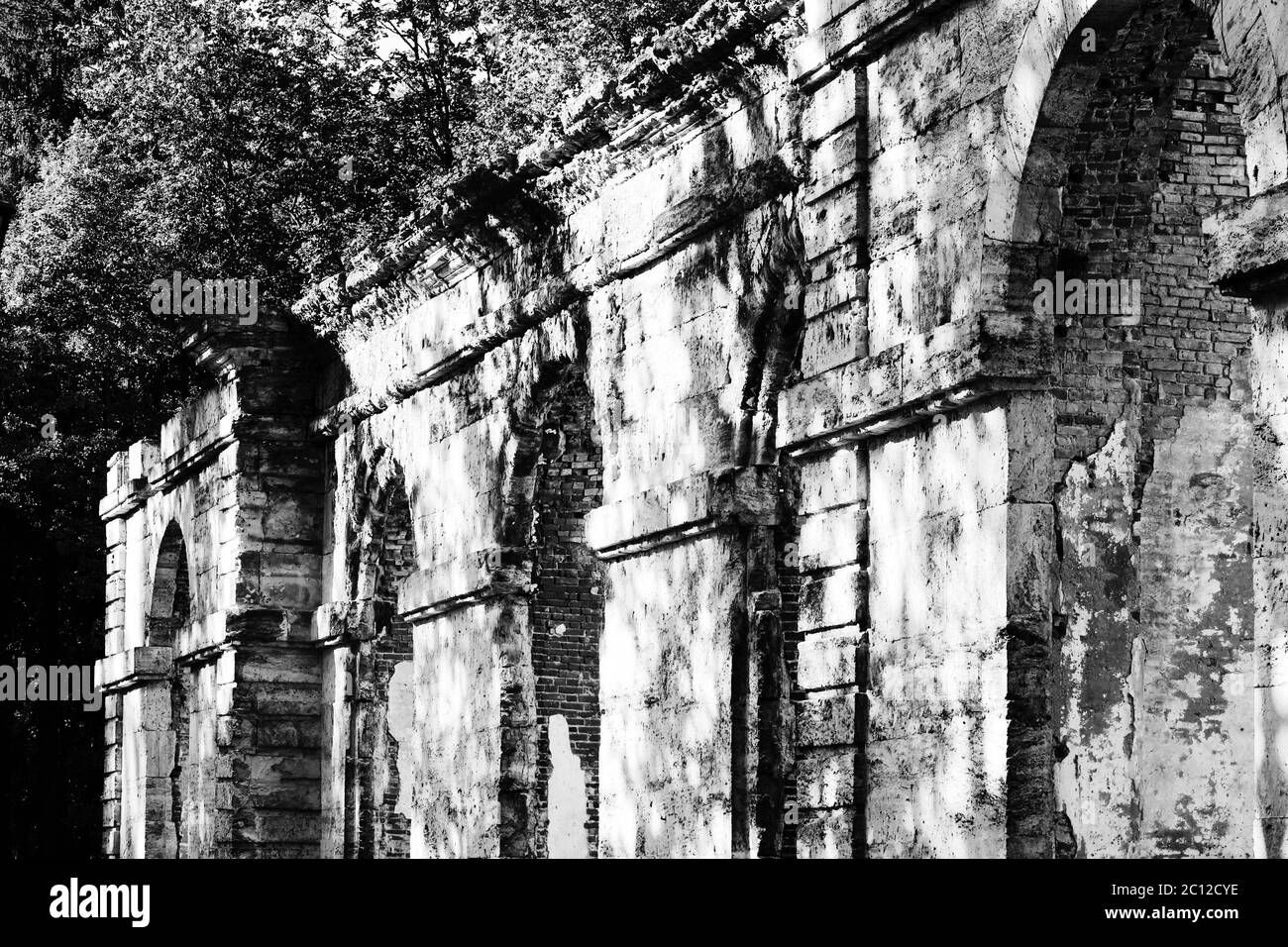 black and white photo dilapidated building forestry greenhouse in the palace park buildings date 18th century, Gatchina, Russia. Stock Photo