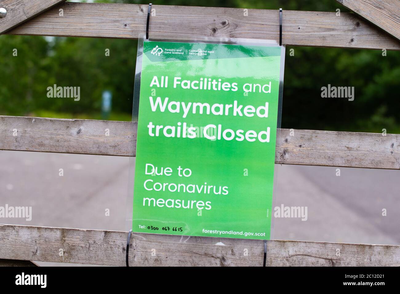 The Lodge Forest Visitor Centre Queen Elizabeth Park car park, all facilities and waymarked trails closed due to coronavirus measures, Scotland, UK Stock Photo