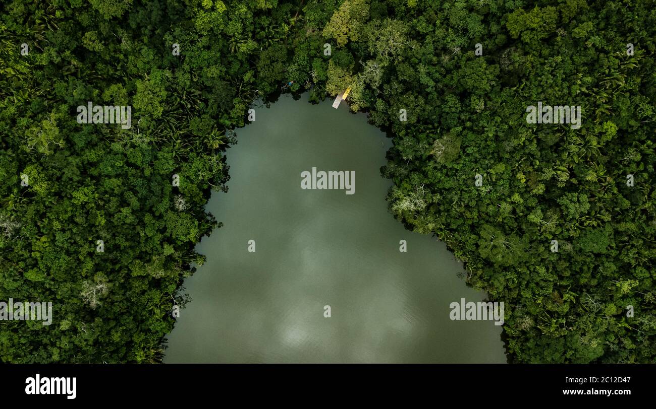 Aerial view on a lake surrounded by tropical amazon rainforest with a yellow boat and pier. Blue Laguna in San Martin region, Peru. Stock Photo