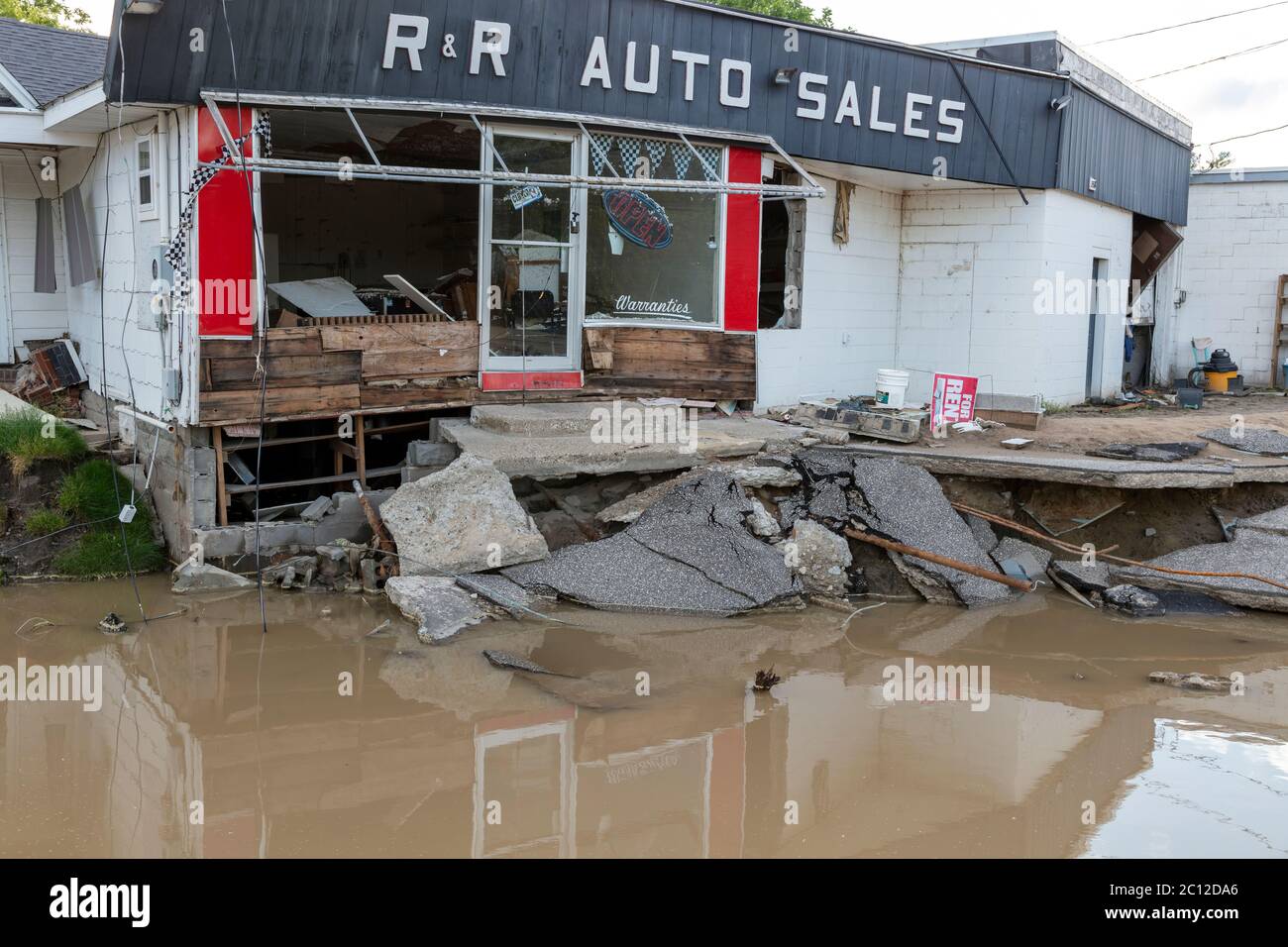 Flood damaged business, Sanford, MI USA. June 11, 2020, Dam broke  and flooding occurred May 20, 2020, by James D Coppinger/Dembinsky Photo Assoc Stock Photo