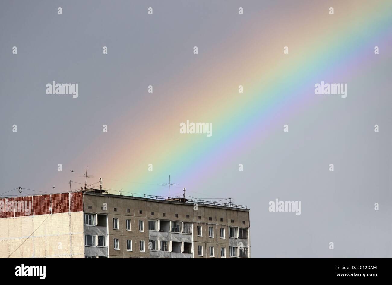Bright multi-colored wide colorful rainbow after the storm in the gray ...