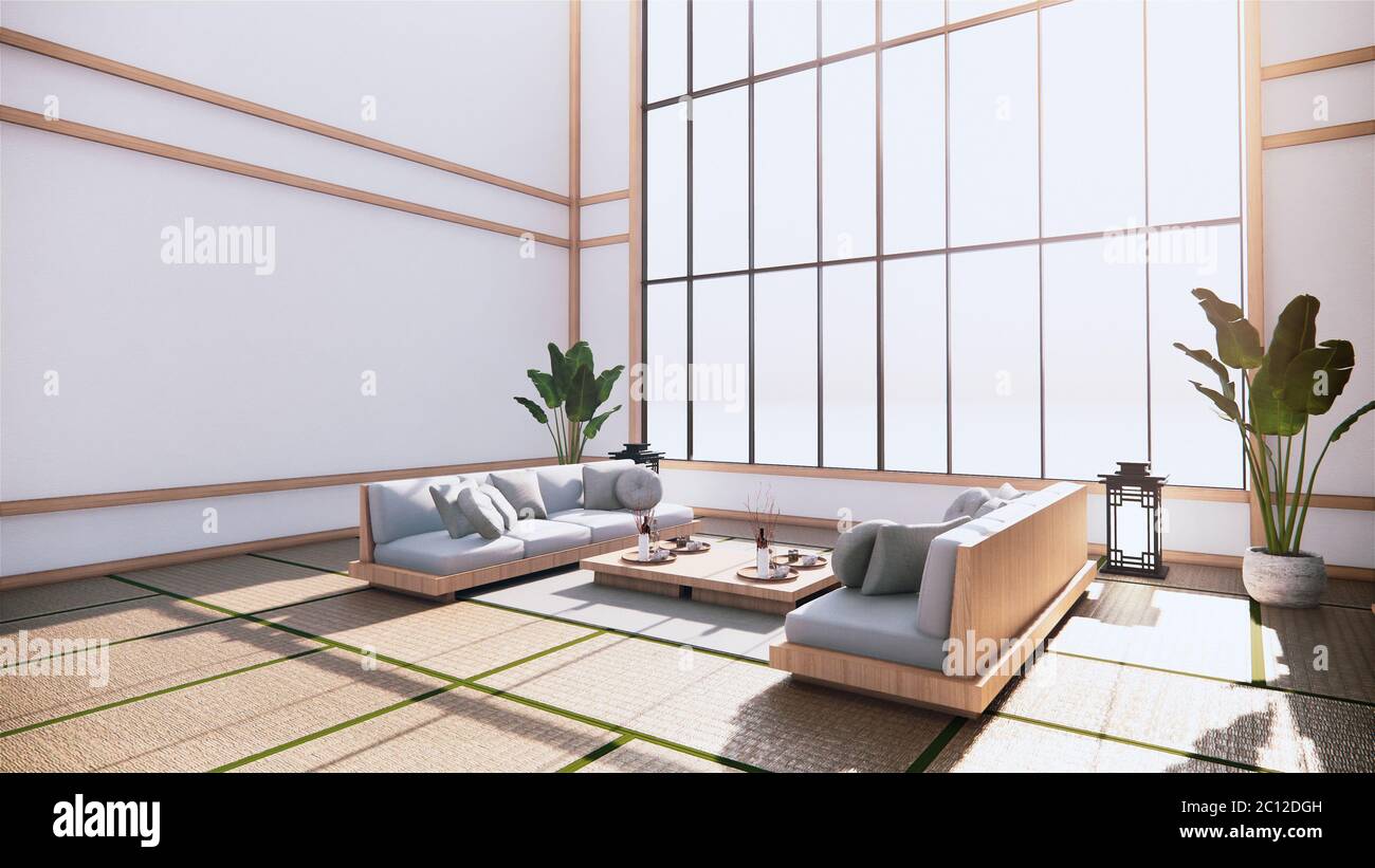 Large hall interior design, Big room japanese style interior mock up with  armchair on tatami mat floor and wooden design wall.3D rendering Stock  Photo - Alamy