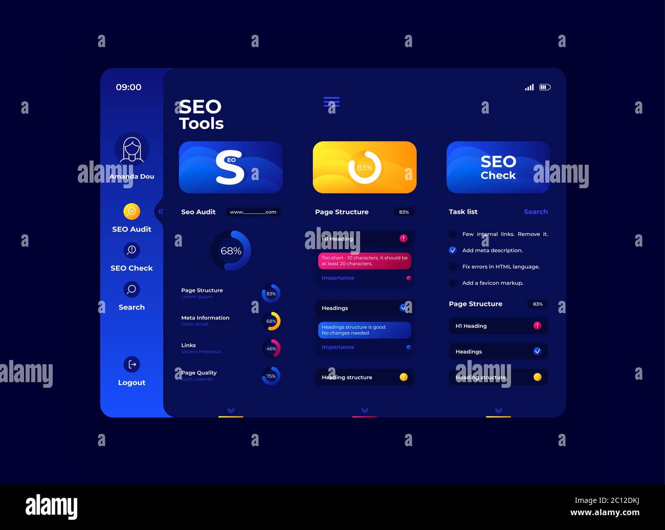 Seo tools tablet interface vector template Stock Vector