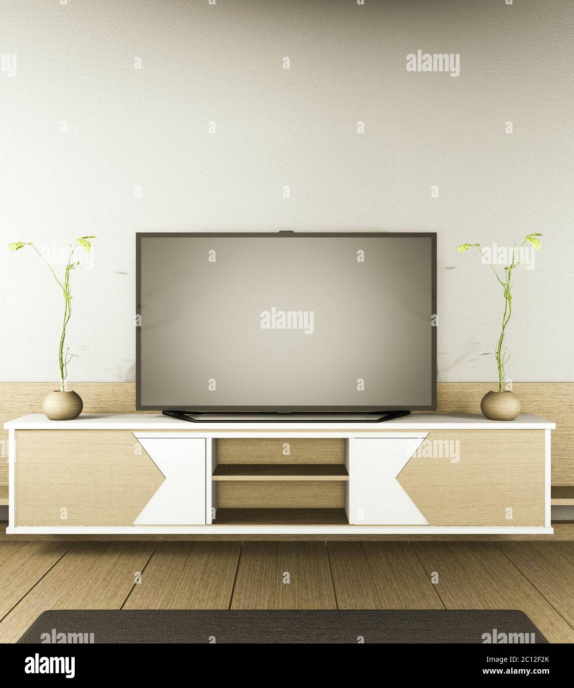 TV cabinet and display japanese interior of living room and the black  background for editing. 3d rendering Stock Photo - Alamy