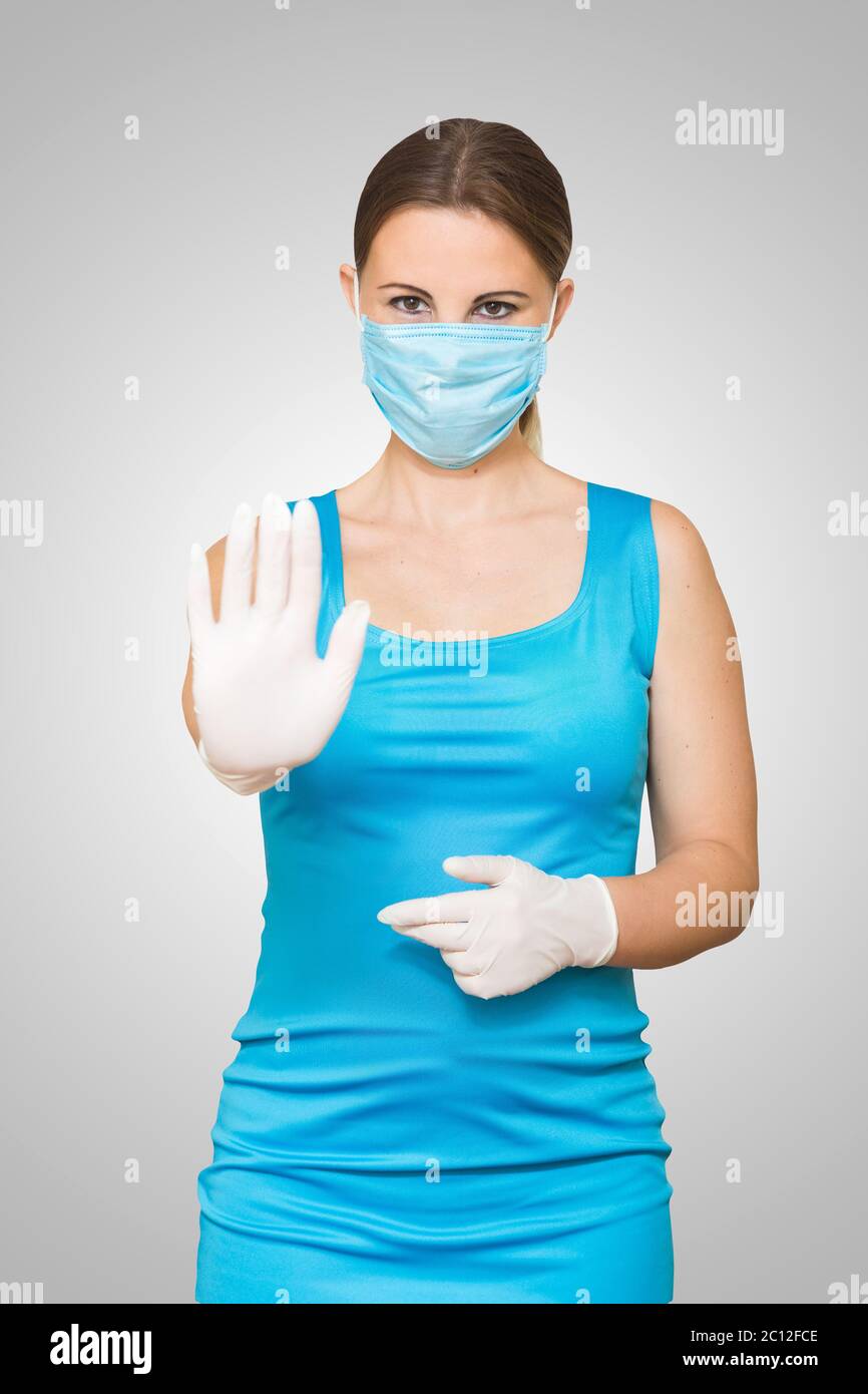 Stop the virus and epidemic diseases. Healthy woman in blue medical ...