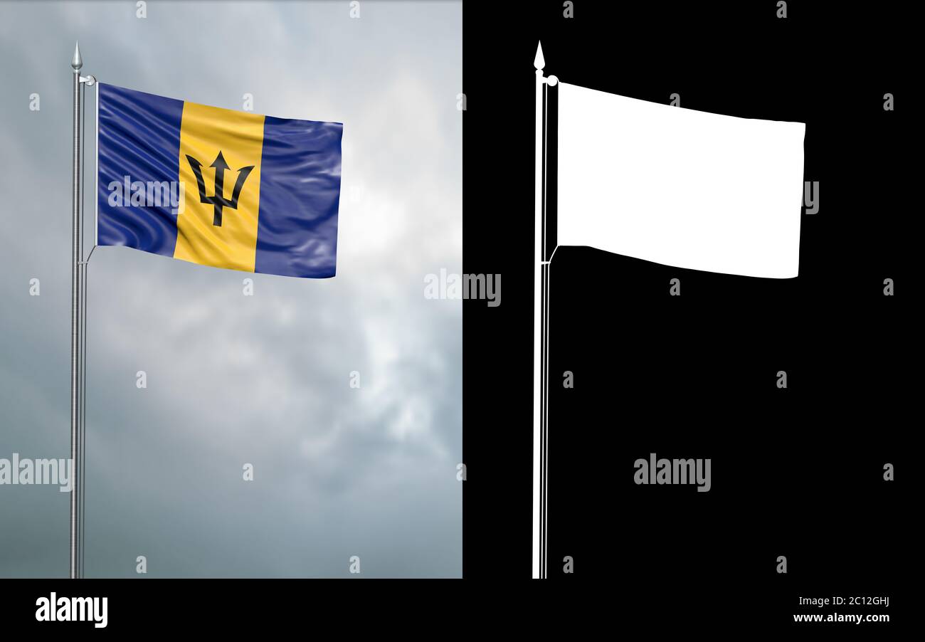 3d illustration of the state flag of Barbados moving in the wind at the flagpole in front of a cloudy sky with its alpha channel Stock Photo