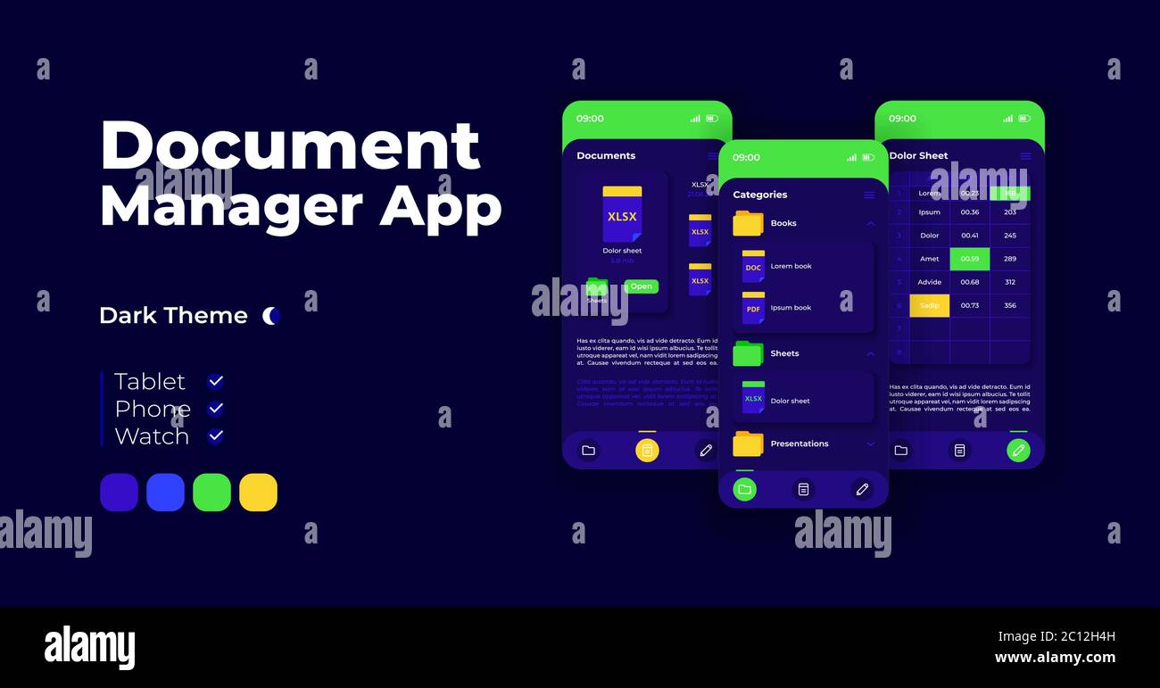 Document manager cartoon smartphone interface vector templates set ...