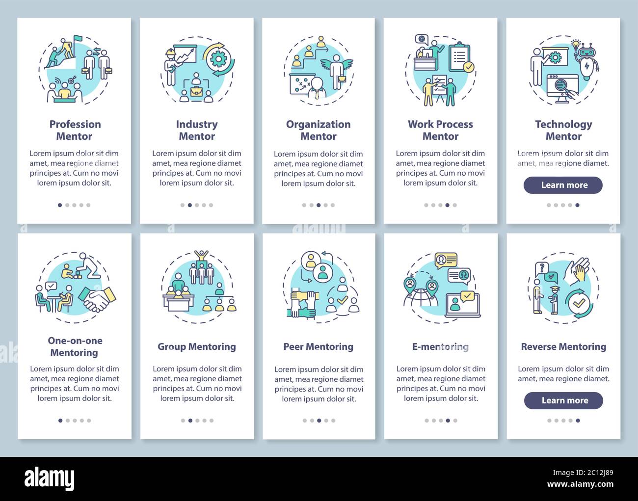 Mentoring onboarding mobile app page screen with concepts Stock Vector