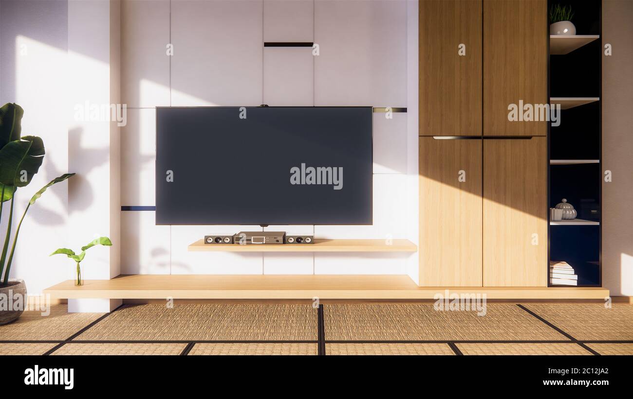 TV cabinet and shelf wall design zen interior of living room ...