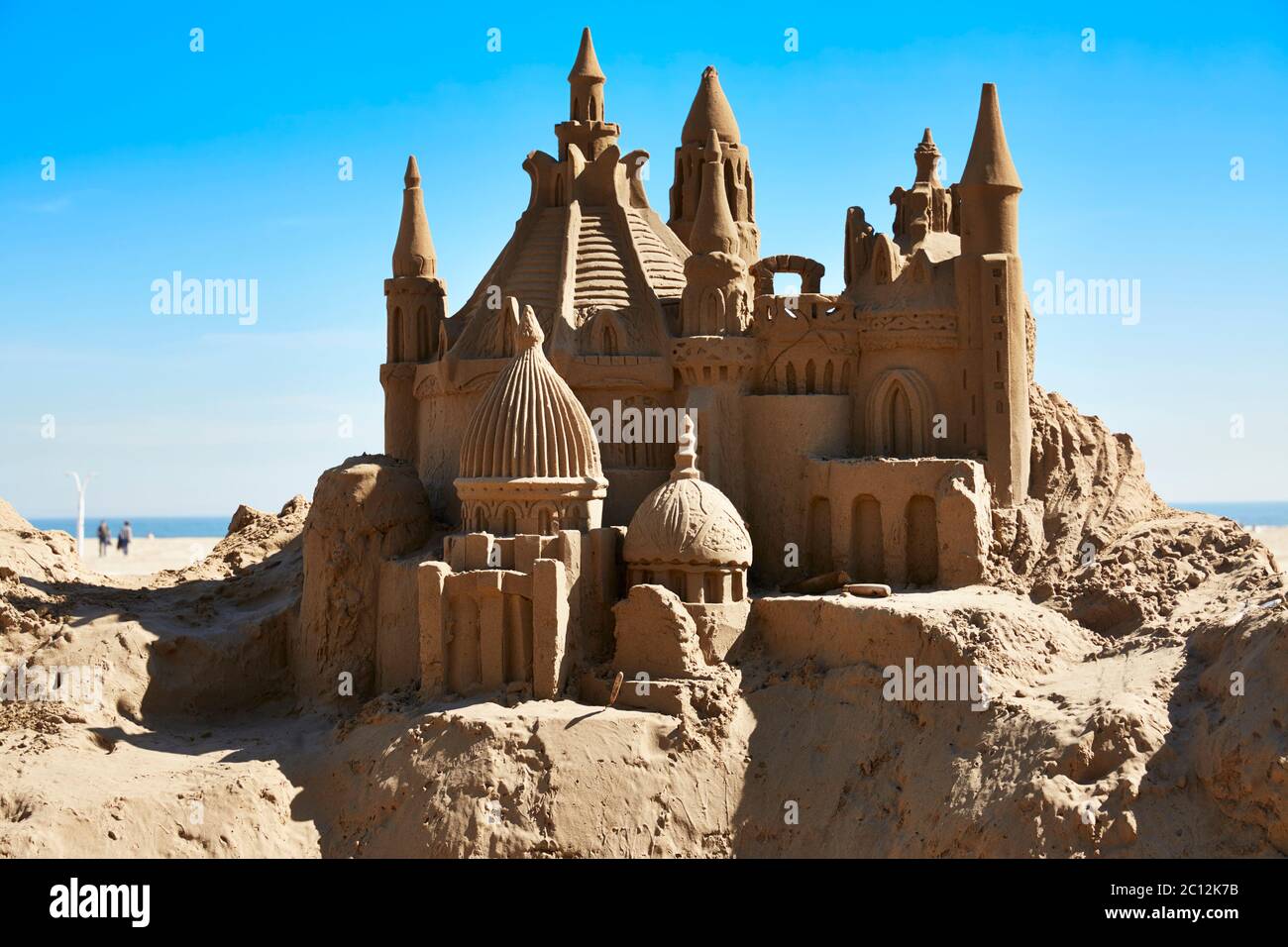 Detailed sand castle on Valencia beach, Spain. Stock Photo