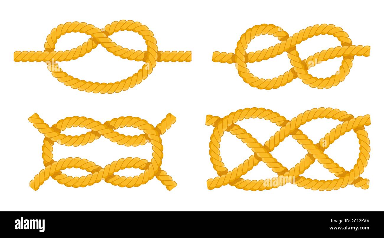 Illustration of rope knots, their types and methods of knitting vector illustration in flat design. Stock Vector