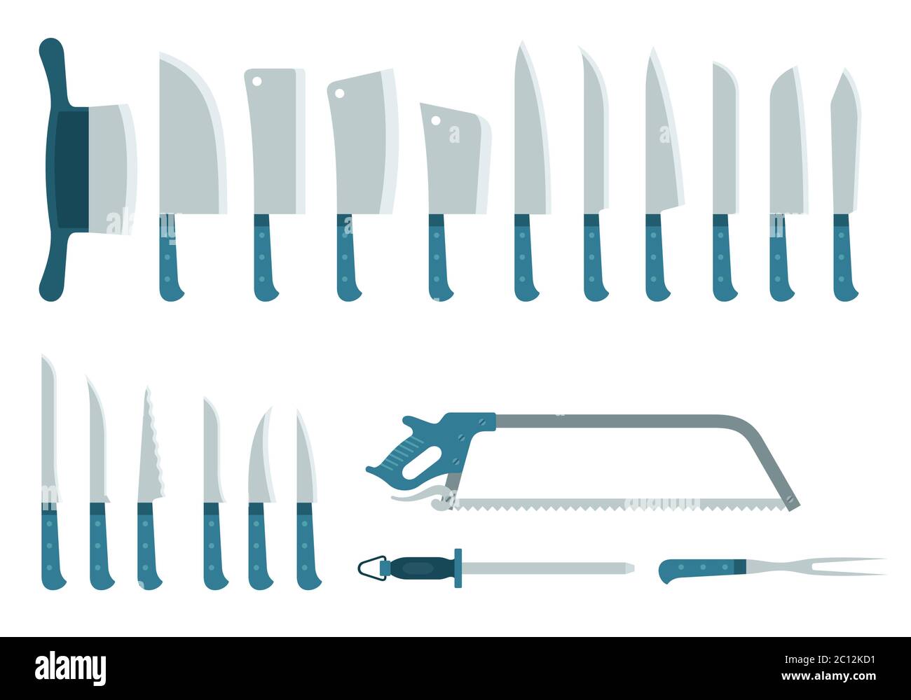 Set of twenty different knives, hatchets and saw, for cutting, grinding products vector illustration Stock Vector