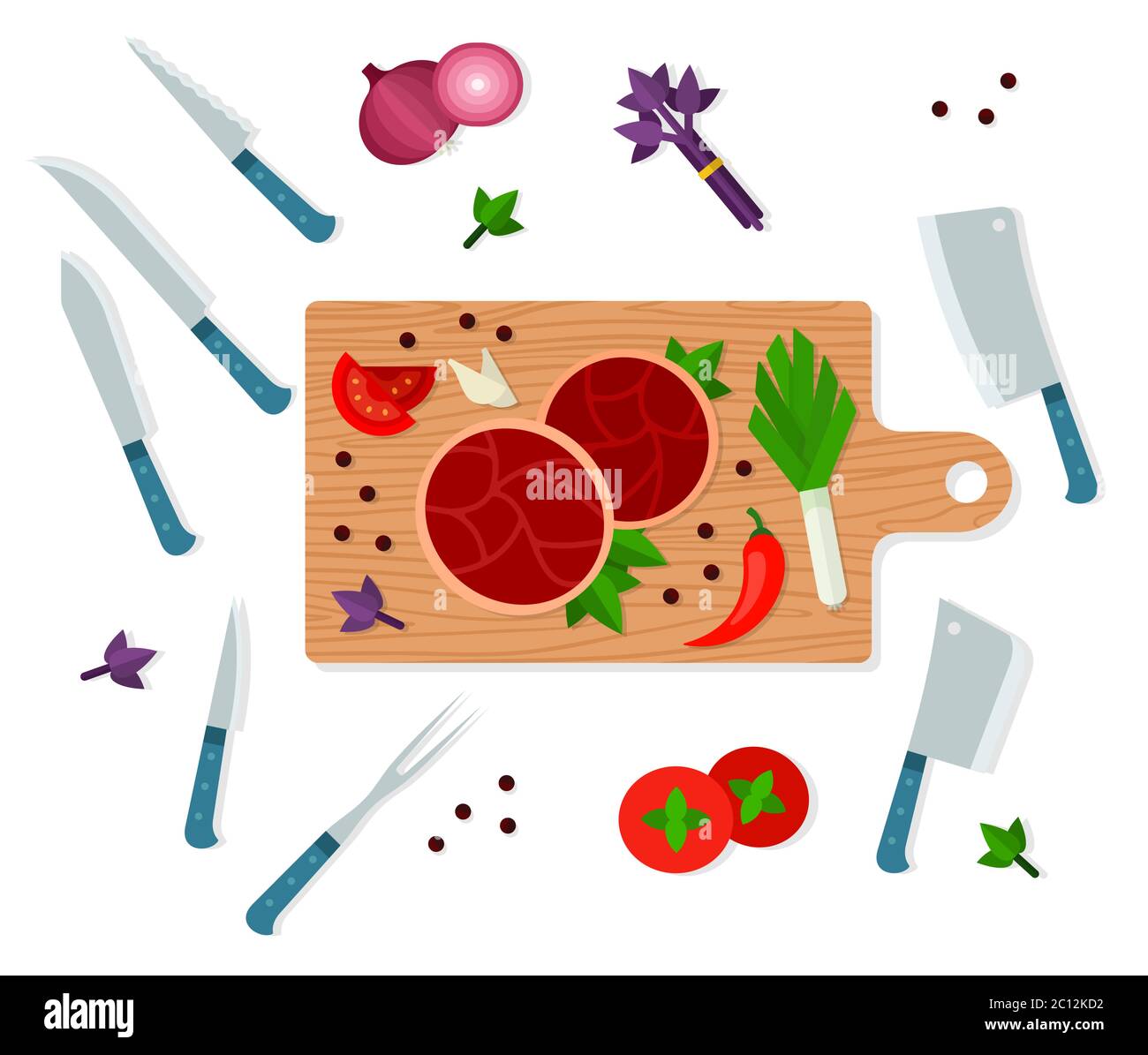 Cutting board with meat, vegetables, spices and different knives, top view vector illustration Stock Vector