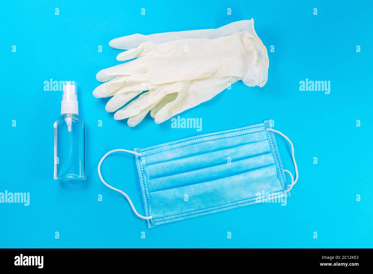 Horizontal top view of new hygiene items consisting of white latex