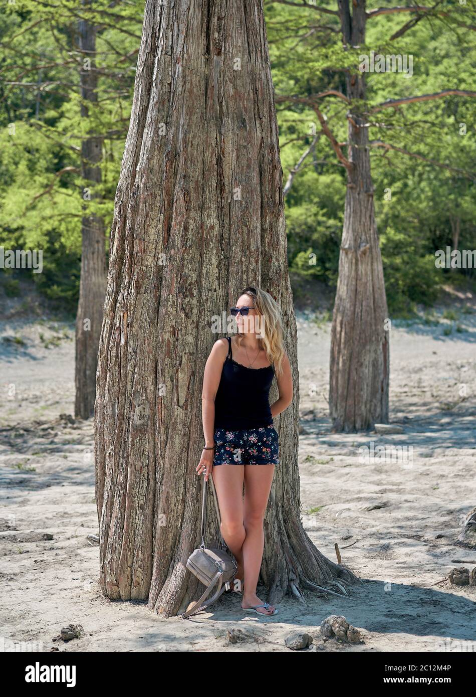 the girl is resting at the cypress trees Stock Photo
