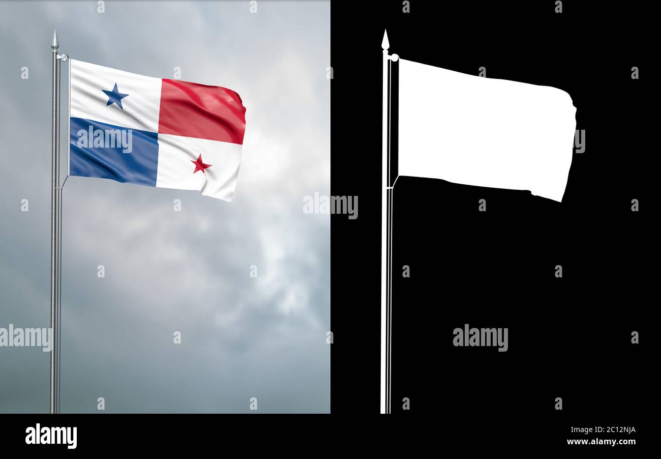 3d illustration of the state flag of the Republic of Panama moving in the wind at the flagpole in front of a cloudy sky with its alpha channel Stock Photo