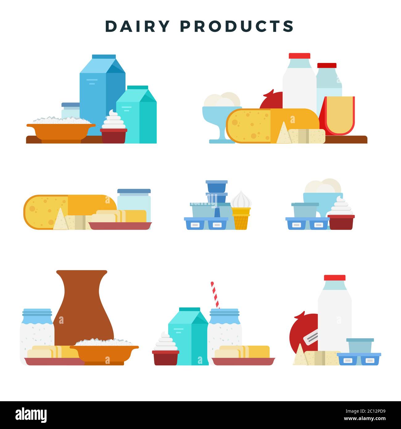 Dairy products vector set flat icons. Different traditional dairy