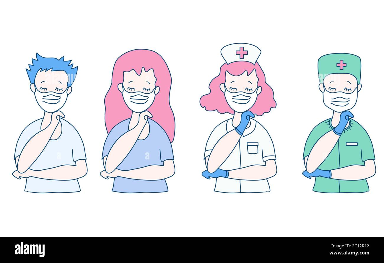 People with medical masks. A nurse and a doctor in medical clothes, a hat and gloves, and a guy and a girl with eyes closed. They wear medical masks Stock Vector