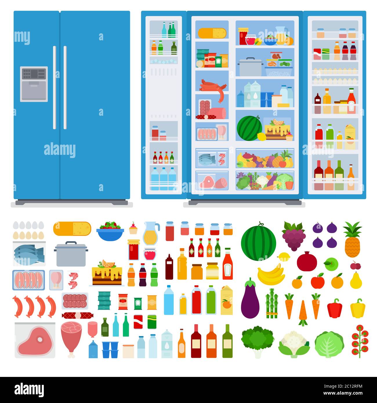 Refrigerator with closed and opened door. Set different foods. Vector flat illustrations. Stock Vector