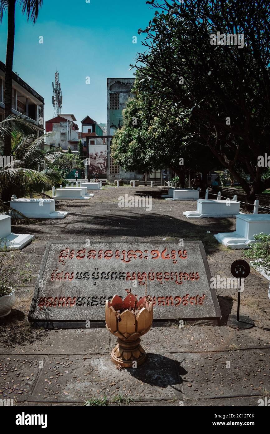 Memorial desk in S21 Tuol Sleng Prison Genocide Museum Phnom Penh Cambodia Stock Photo
