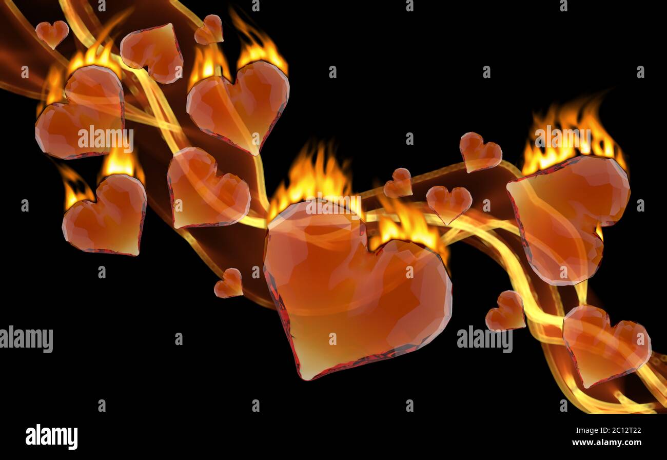 Red burning gem hearts leading fire smoke wave isolated on dark background. Geometric rumpled triangular low poly style graphic Stock Photo