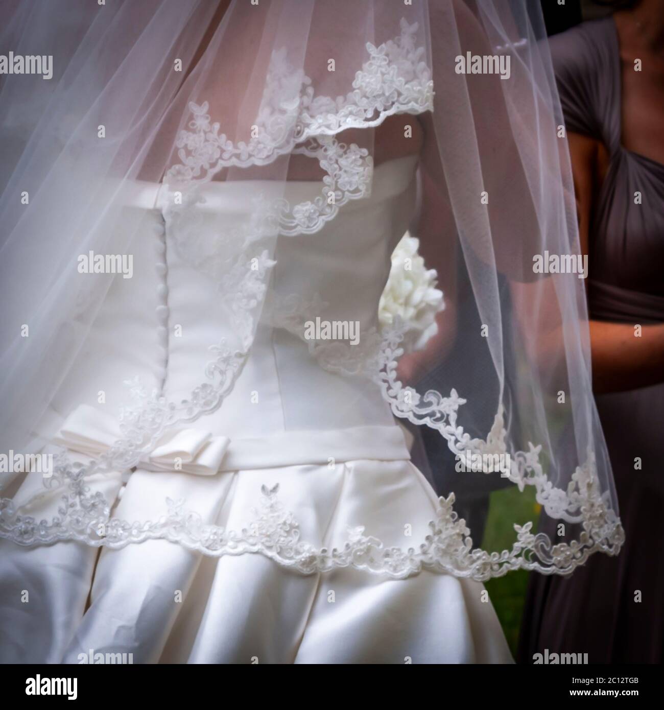 The lace bridal veil from behind. British Wedding in South Cambridgeshire, England Stock Photo