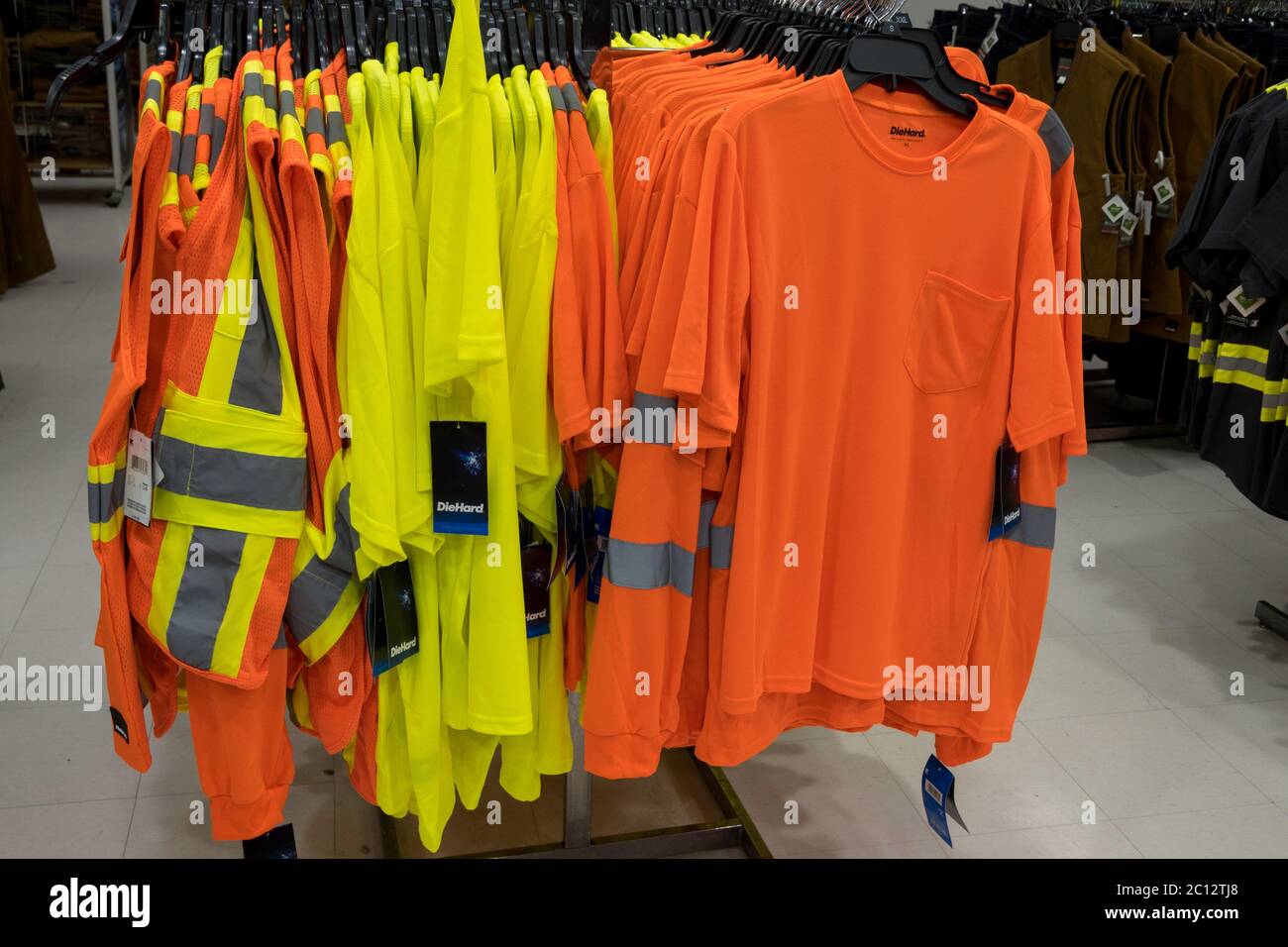 Neon colored industrial shirts and vests, USA Stock Photo