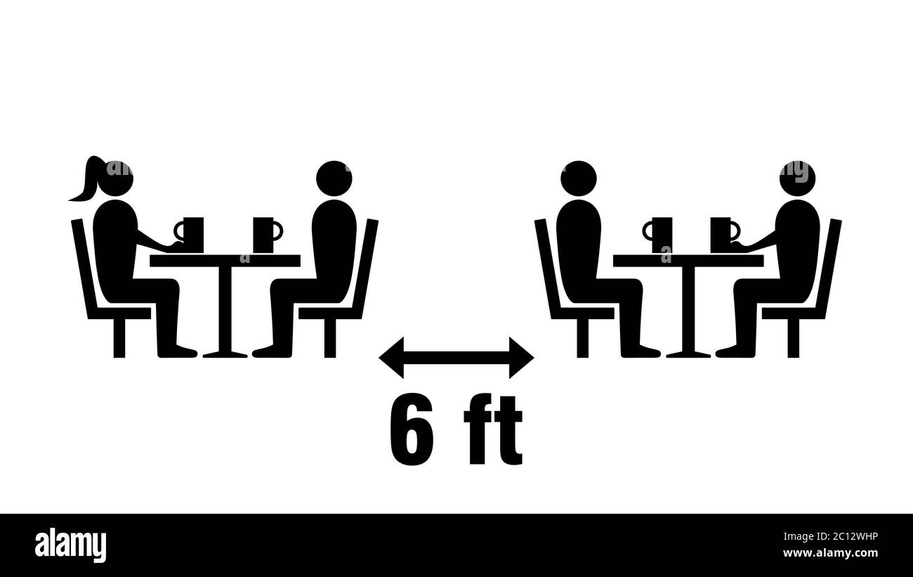 Social Distancing Keep a Safe Distance of 6 ft or 6 Feet between the Tables in Cafe or Restaurant Icon. Vector Image. Stock Vector