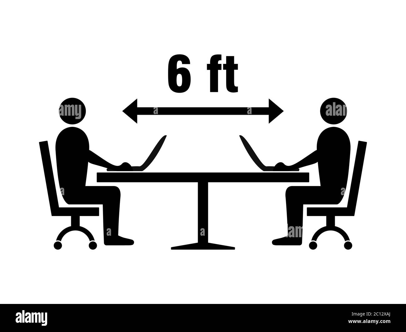 Social Distancing Icon at Office, Library or Study Room with People Figures Sitting around a Table, Keeping a Safe Distance of 6 Feet. Vector Image. Stock Vector