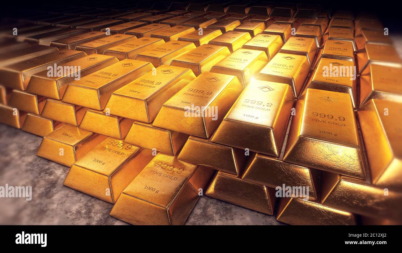 Stacked gold bars or bullions with reflections Stock Photo Alamy