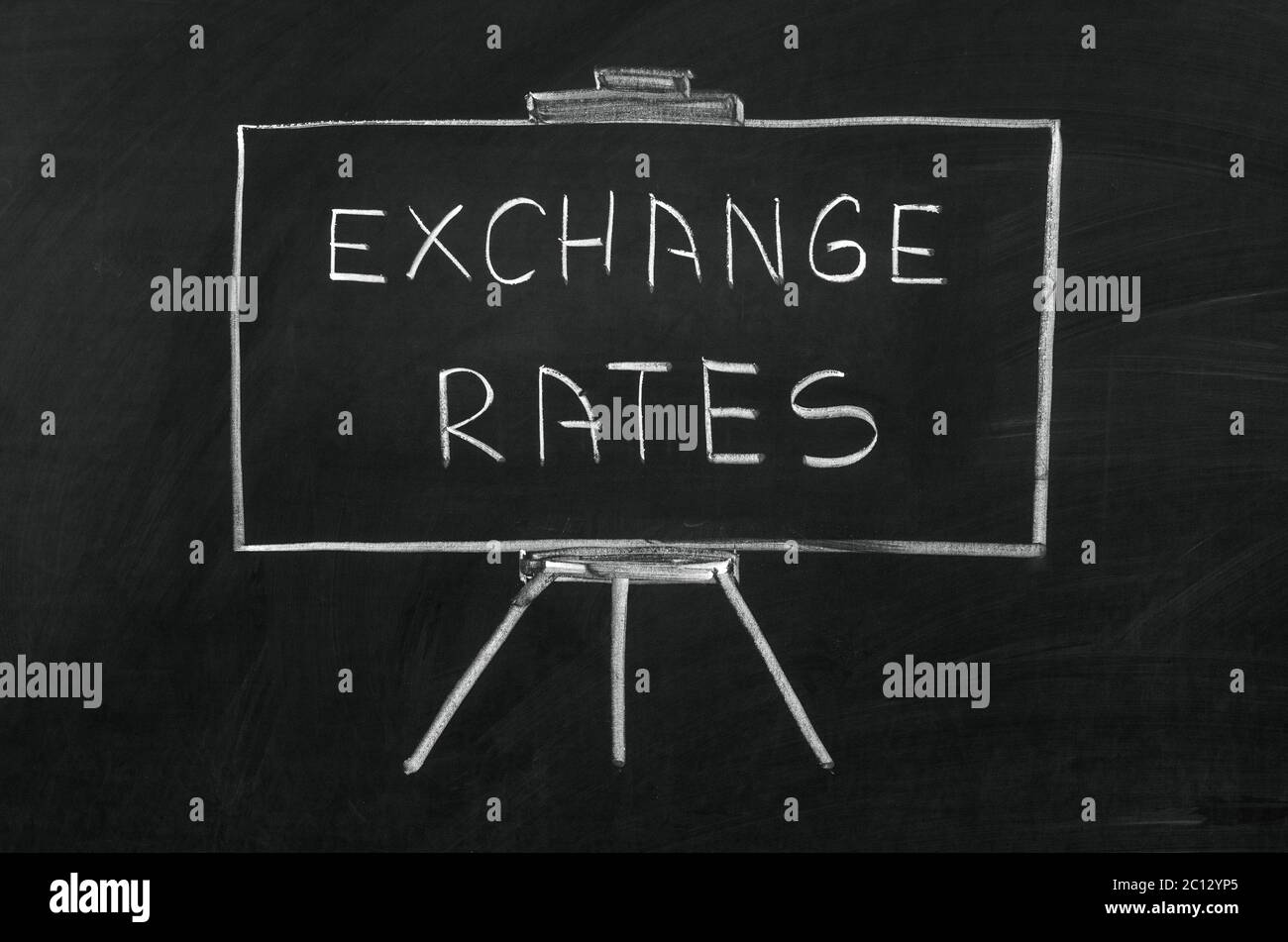 Exchange rates writed on blackboard with chalk Stock Photo