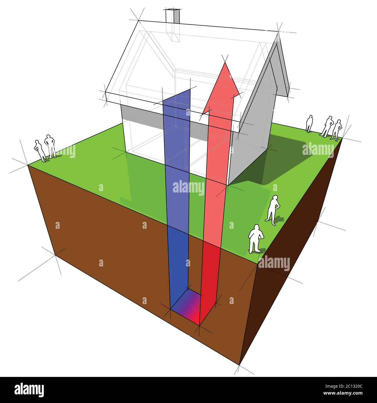 3d illustration of simple detached house with geothermal heat pump diagram Stock Vector